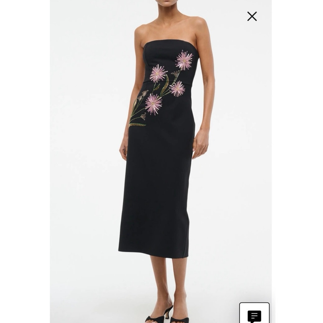 Staud Black Strapless Midi Dress With Pink Floral Embroidery